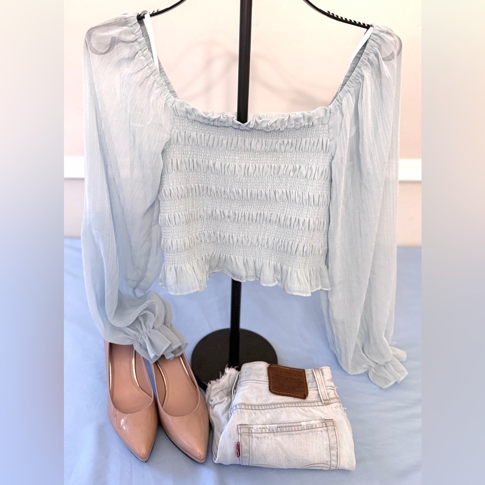 Shop the Cue Moon Mist Blue Smocked Off the Shoulder Crop Top Size Small NWT - Picture 2 of 10